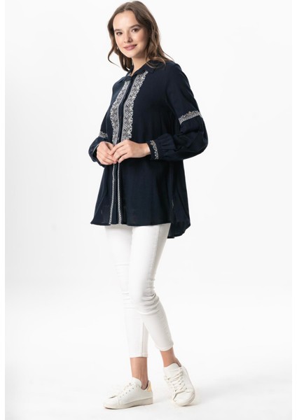 Uzun Kol Şile Bezi Maviş Nakış Işlemeli Yazlık Gömlek Lacivert Lcvt indirimleri