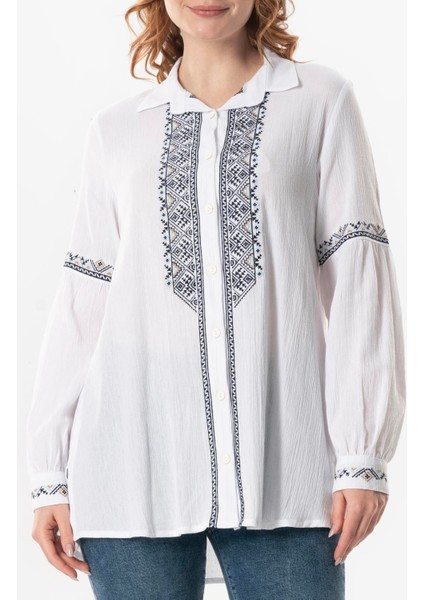 Uzun Kol Şile Bezi Maviş Nakış Işlemeli Yazlık Gömlek Beyaz Byz modelleri