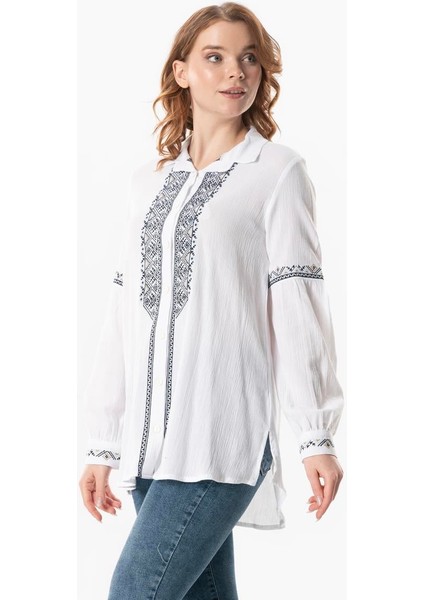 Uzun Kol Şile Bezi Maviş Nakış Işlemeli Yazlık Gömlek Beyaz Byz fırsatları