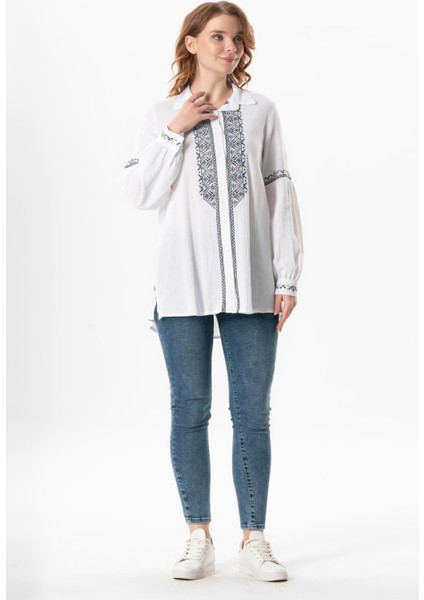 Uzun Kol Şile Bezi Maviş Nakış Işlemeli Yazlık Gömlek Beyaz Byz indirimleri