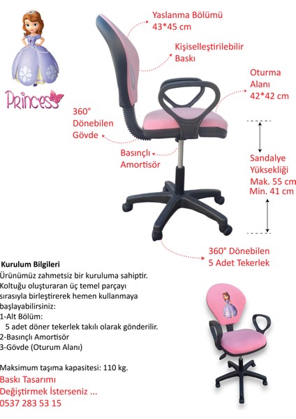 Çocuk Odası Pembe Renk Ders Çalışma Sandalyesi Ofis Koltuğu Prenses Desenli Kız Çocuğu Sandalyesi Faaliyet Koltuğu Bilgisayar Sandalyesi
