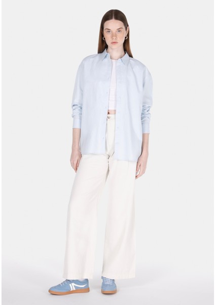 Relaxed Fit Shirt Neck Düz Kadın Mavi Uzun Kol Gömlek modelleri