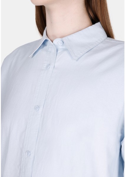 Relaxed Fit Shirt Neck Düz Kadın Mavi Uzun Kol Gömlek fırsatları