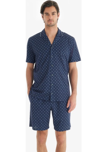 Erkek Premium Önden Düğmeli Kısa Kol Şortlu Lacivert Pijama Takım C1T1N7O04