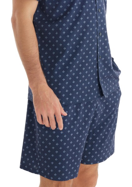 Erkek Premium Önden Düğmeli Kısa Kol Şortlu Lacivert Pijama Takım C1T1N7O04