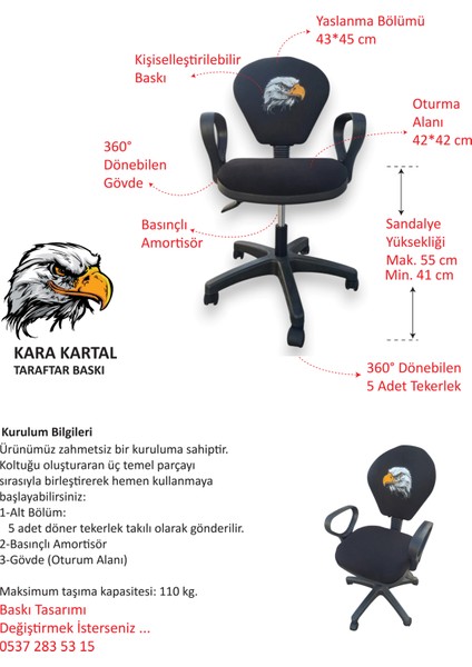 Çocuk Odası Ders Çalışma Sandalyesi Bjk Taraftar Temalı Siyah Beyaz Kara Kartal Baskılı Ofis Koltuğu Personel Koltuğu Faaliyet Koltuğu Tekerlekli Sandalye fırsatları