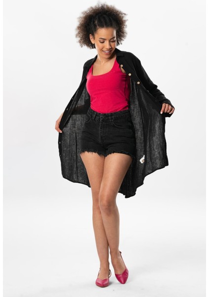 Büyük Beden Uzun Kol Sedanur Gömlek Yaka Yazlık Müslin Tunik Siyah Syh indirimleri