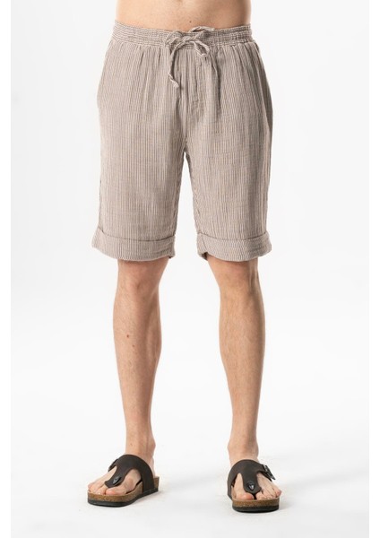 Beli Lastikli Müslin Erkek Yazlık Şort Çizgili Siyah Çzglsyh