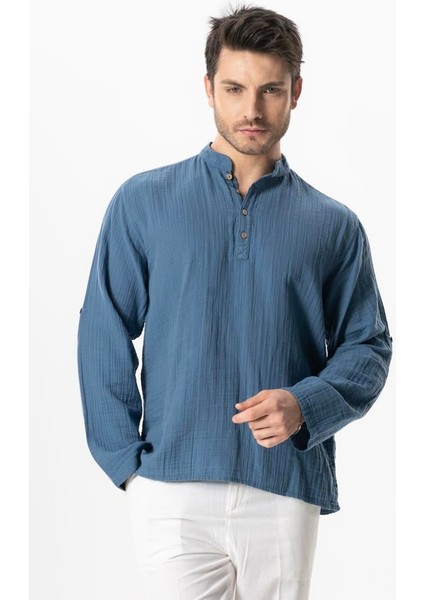 Uzun Kol Hakim Yaka Müslin Yazlık Sweatshirt Indigo Indg