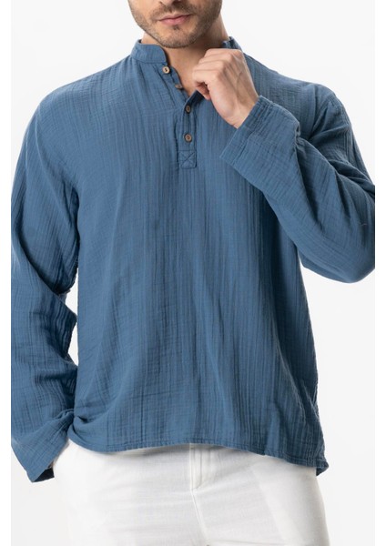 Uzun Kol Hakim Yaka Müslin Yazlık Sweatshirt Indigo Indg