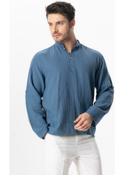 Uzun Kol Hakim Yaka Müslin Yazlık Sweatshirt Indigo Indg