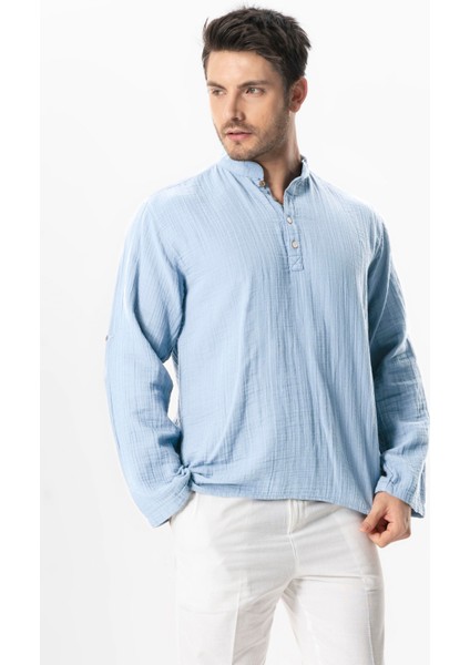 Uzun Kol Hakim Yaka Müslin Yazlık Sweatshirt Buz Mavi Bmv