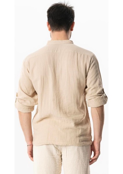 Uzun Kol Hakim Yaka Müslin Yazlık Sweatshirt Bej Bej