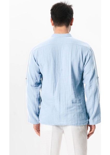 Uzun Kol Hakim Yaka Müslin Yazlık Sweatshirt Buz Mavi Bmv