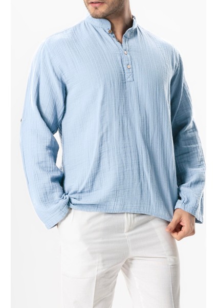Uzun Kol Hakim Yaka Müslin Yazlık Sweatshirt Buz Mavi Bmv