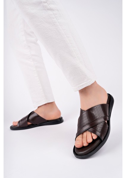 Erkek Hakiki Deri Kahve Terlik modelleri