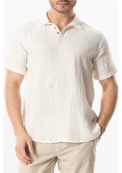 Kısa Kol Polo Yaka Müslin Yazlık Tshirt Kırık Beyaz Krkbyz