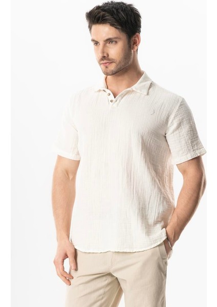 Kısa Kol Polo Yaka Müslin Yazlık Tshirt Kırık Beyaz Krkbyz