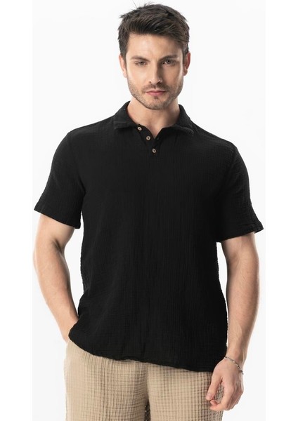 Kısa Kol Polo Yaka Müslin Yazlık Tshirt Siyah Syh