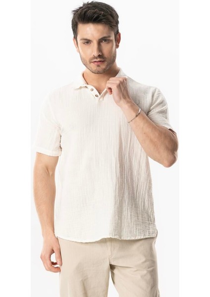 Kısa Kol Polo Yaka Müslin Yazlık Tshirt Kırık Beyaz Krkbyz
