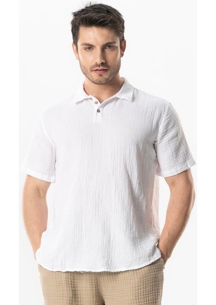 Kısa Kol Polo Yaka Müslin Yazlık Tshirt Beyaz Byz