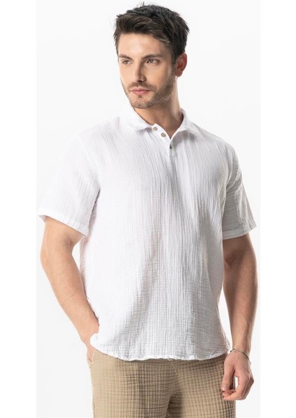 Kısa Kol Polo Yaka Müslin Yazlık Tshirt Beyaz Byz fırsatları