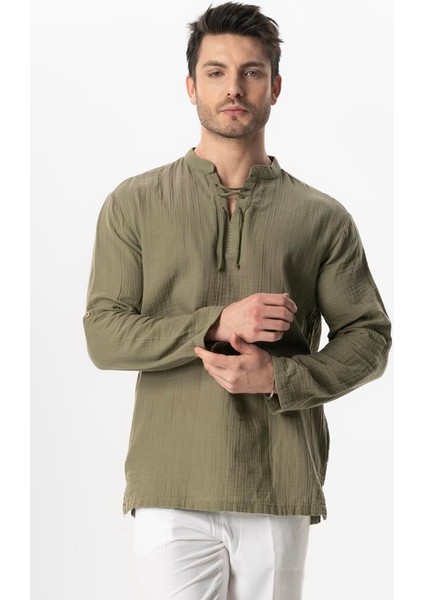 Uzun Kol Doruk V Yaka Bağcıklı Müslin Erkek Yazlık Tshirt Haki Hk