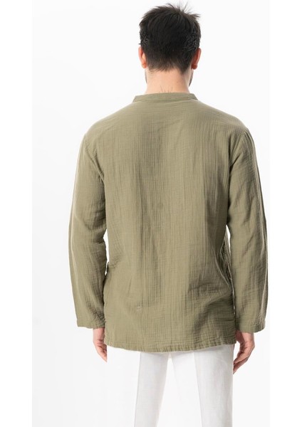 Uzun Kol Doruk V Yaka Bağcıklı Müslin Erkek Yazlık Tshirt Haki Hk fiyatları