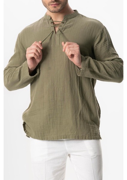 Uzun Kol Doruk V Yaka Bağcıklı Müslin Erkek Yazlık Tshirt Haki Hk modelleri