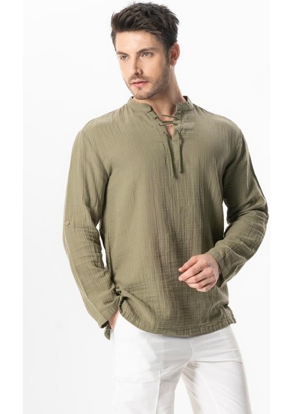 Uzun Kol Doruk V Yaka Bağcıklı Müslin Erkek Yazlık Tshirt Haki Hk fırsatları