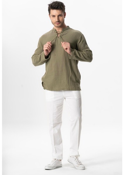Uzun Kol Doruk V Yaka Bağcıklı Müslin Erkek Yazlık Tshirt Haki Hk indirimleri