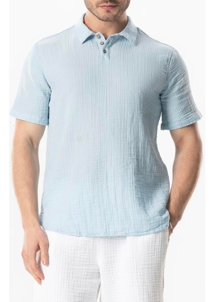 Kısa Kol Polo Yaka Müslin Yazlık Tshirt Buz Mavi Bmv