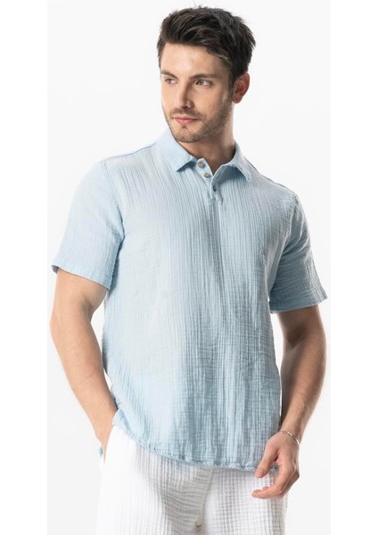 Kısa Kol Polo Yaka Müslin Yazlık Tshirt Buz Mavi Bmv
