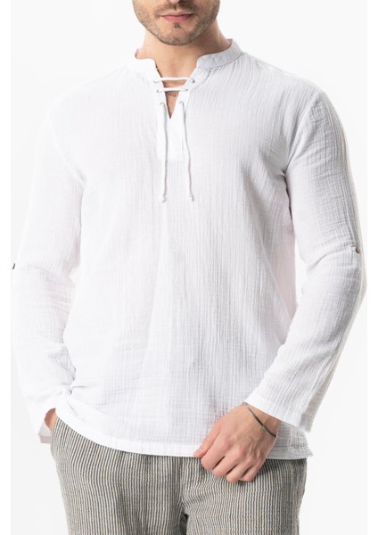 Uzun Kol Doruk V Yaka Bağcıklı Müslin Erkek Yazlık Tshirt Beyaz Byz modelleri