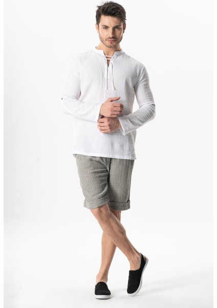Uzun Kol Doruk V Yaka Bağcıklı Müslin Erkek Yazlık Tshirt Beyaz Byz indirimleri