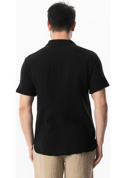 Kısa Kol Polo Yaka Müslin Yazlık Tshirt Siyah Syh