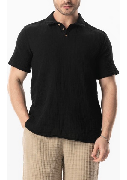 Kısa Kol Polo Yaka Müslin Yazlık Tshirt Siyah Syh
