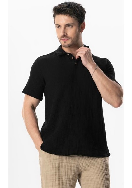 Kısa Kol Polo Yaka Müslin Yazlık Tshirt Siyah Syh