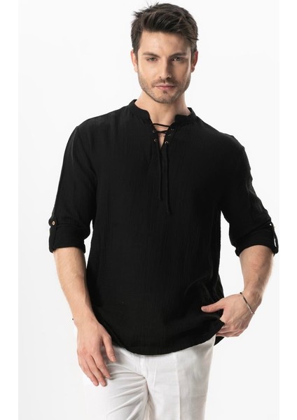 Uzun Kol Doruk V Yaka Bağcıklı Müslin Erkek Yazlık Tshirt Siyah Syh
