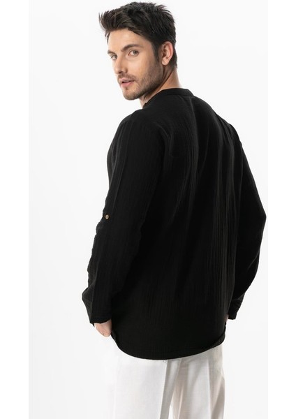 Uzun Kol Doruk V Yaka Bağcıklı Müslin Erkek Yazlık Tshirt Siyah Syh fiyatları