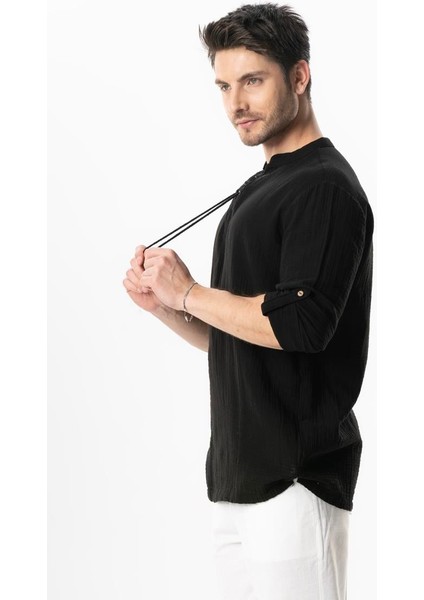 Uzun Kol Doruk V Yaka Bağcıklı Müslin Erkek Yazlık Tshirt Siyah Syh fırsatları