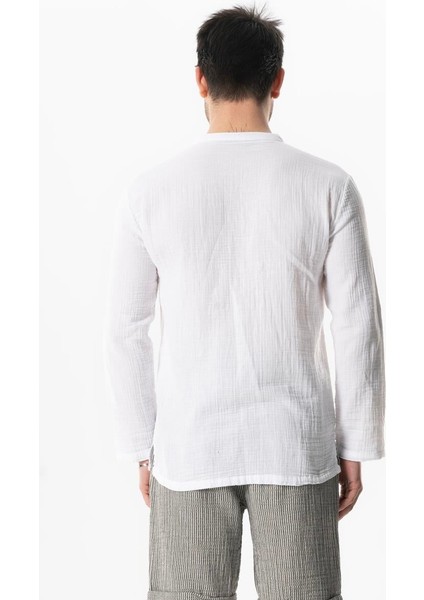 Uzun Kol Doruk V Yaka Bağcıklı Müslin Erkek Yazlık Tshirt Beyaz Byz