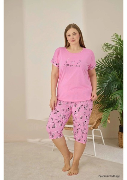 Polyviskon Kumaş Büyük Beden Pembe Pijama Takımı - 7345