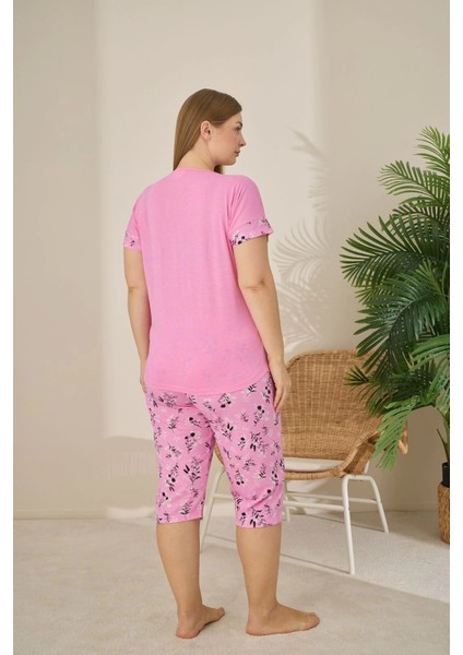Polyviskon Kumaş Büyük Beden Pembe Pijama Takımı - 7345
