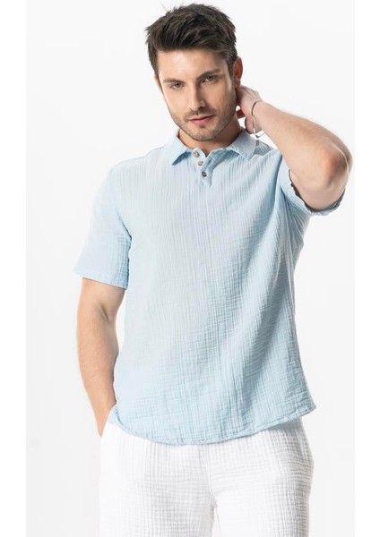 Kısa Kol Polo Yaka Müslin Yazlık Tshirt Buz Mavi Bmv