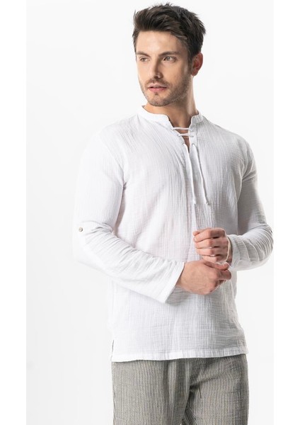 Uzun Kol Doruk V Yaka Bağcıklı Müslin Erkek Yazlık Tshirt Beyaz Byz