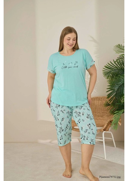 Polyviskon Kumaş Büyük Beden Yeşil Pijama Takımı - 7345