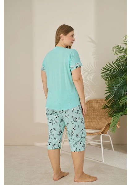 Polyviskon Kumaş Büyük Beden Yeşil Pijama Takımı - 7345