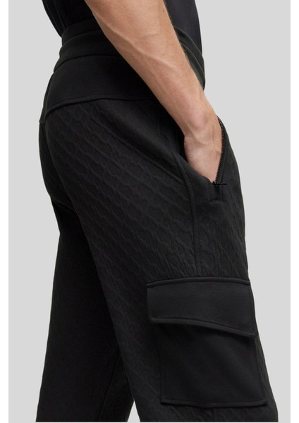 Monogram Jakarlı Oversize Spor Erkek Siyah Pantolon Siyah
