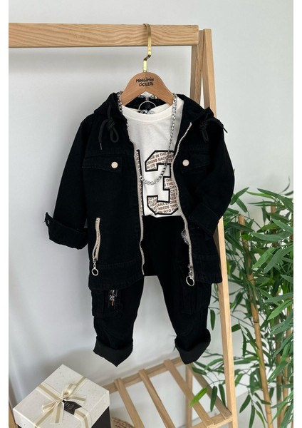 Gabardin Kapişonlu Harf Baskı 3 lü takım - Siyah